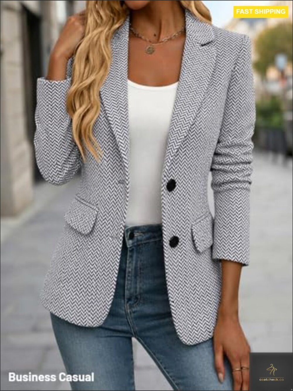Herringbone Tweed Blazer Slim Fit Open Front Lined Casual Work Office Jacket - Picture 3 of 7
